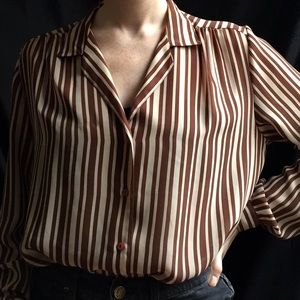 Vintage Shapely Brown & Cream Striped Button Down